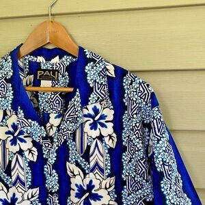 PALI vintage Hawaiian Aloha shirt blue white hibiscus tropical vacation XL EUC